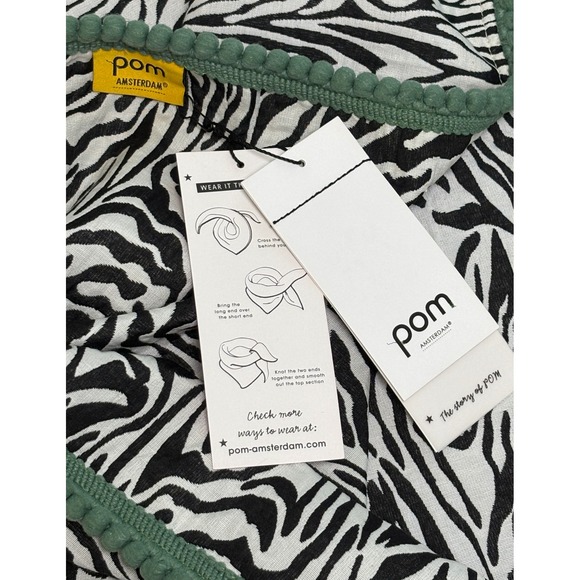 POM Amsterdam Zebra Print Shawl Women OS Black White NEW Pom Pom Trim Scarf - Picture 2 of 10